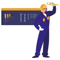 mechanic worker with tools board hanging