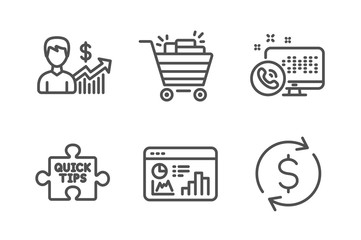 Web call, Seo statistics and Quick tips icons simple set. Shopping cart, Business growth and Dollar exchange signs. Phone support, Analytics chart. Business set. Line web call icon. Editable stroke