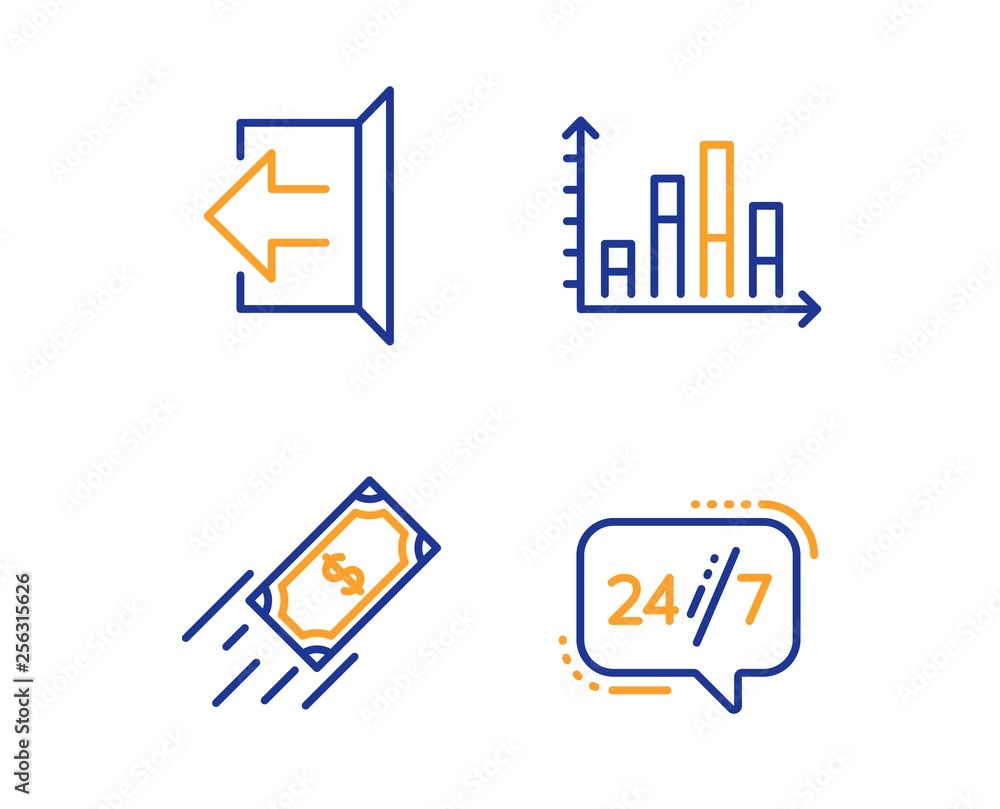 Poster diagram graph, sign out and fast payment icons simple set. 24/7 service sign. presentation chart, lo