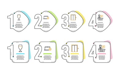 Beer glass, Notebook service and Lift icons simple set. Exhibitors sign. Brewery beverage, Computer repair, Elevator. Information desk. Business set. Infographic timeline. Line beer glass icon