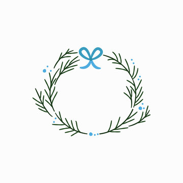 Christmas Wreath With Blue Bow Isolated On White Background. Symbol Winter And Holiday. Vector Illustration. EPS 10.