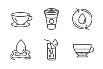 Water splash, Takeaway coffee and Water glass icons simple set. Espresso, Americano signs. Aqua drop, Hot latte drink. Food and drink set. Line water splash icon. Editable stroke. Vector