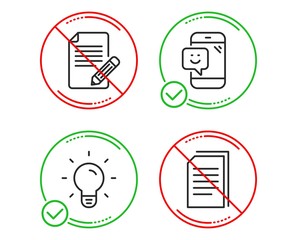 Do or Stop. Article, Light bulb and Smile icons simple set. Copy files sign. Feedback, Lamp energy, Phone feedback. Copying documents. Business set. Line article do icon. Prohibited ban stop. Vector