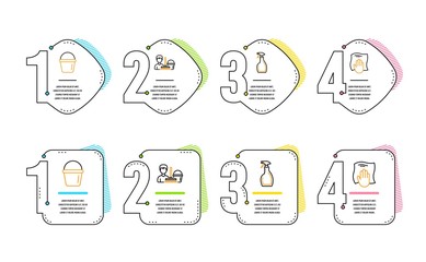 Spray, Cleaning service and Bucket icons simple set. Washing cloth sign. Washing cleanser, Bucket with mop, Wipe with a rag. Cleaning set. Infographic timeline. Line spray icon. 4 options or steps