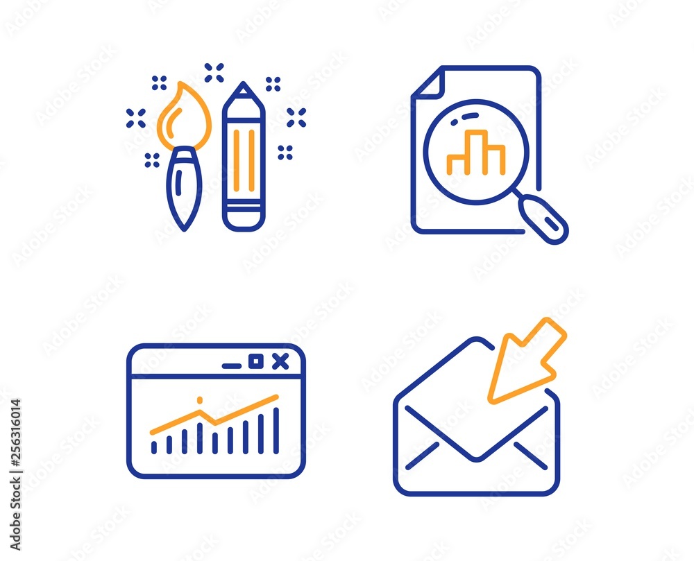 Poster creativity, website statistics and analytics graph icons simple set. open mail sign. graphic art, da