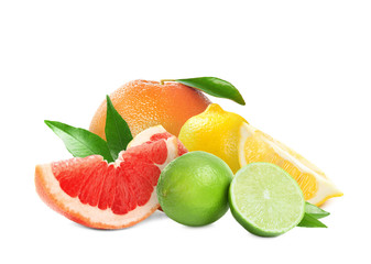 Set of different juicy citrus fruits on white background