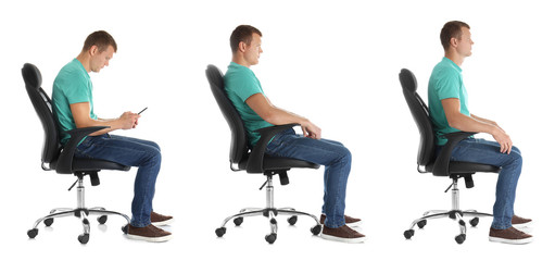 Collage of man sitting on chair against white background. Posture concept