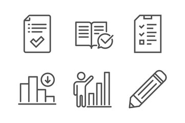 Interview, Decreasing graph and Approved documentation icons simple set. Graph chart, Approved checklist and Pencil signs. Checklist file, Crisis chart. Education set. Line interview icon. Vector