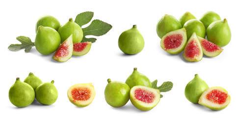 Set of delicious ripe figs on white background