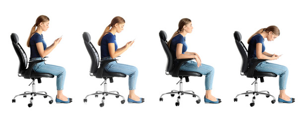 Collage of woman sitting on chair against white background. Posture concept