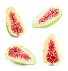 Set of cut delicious ripe figs on white background