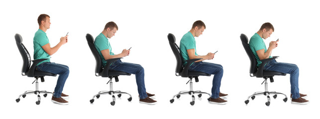 Collage of man sitting on chair and using mobile phone against white background. Posture concept