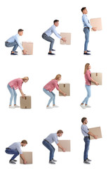 Collage of people lifting heavy cardboard box on white background. Posture concept
