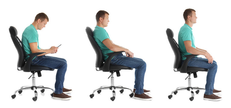 Collage Of Man Sitting On Chair Against White Background. Posture Concept