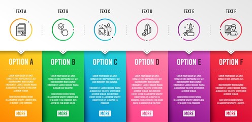 Checkbox, Financial documents and Innovation icons simple set. 3d chart, Strategy and Presentation board signs. Approved, Check docs. Education set. Infographic template. 6 steps timeline. Vector