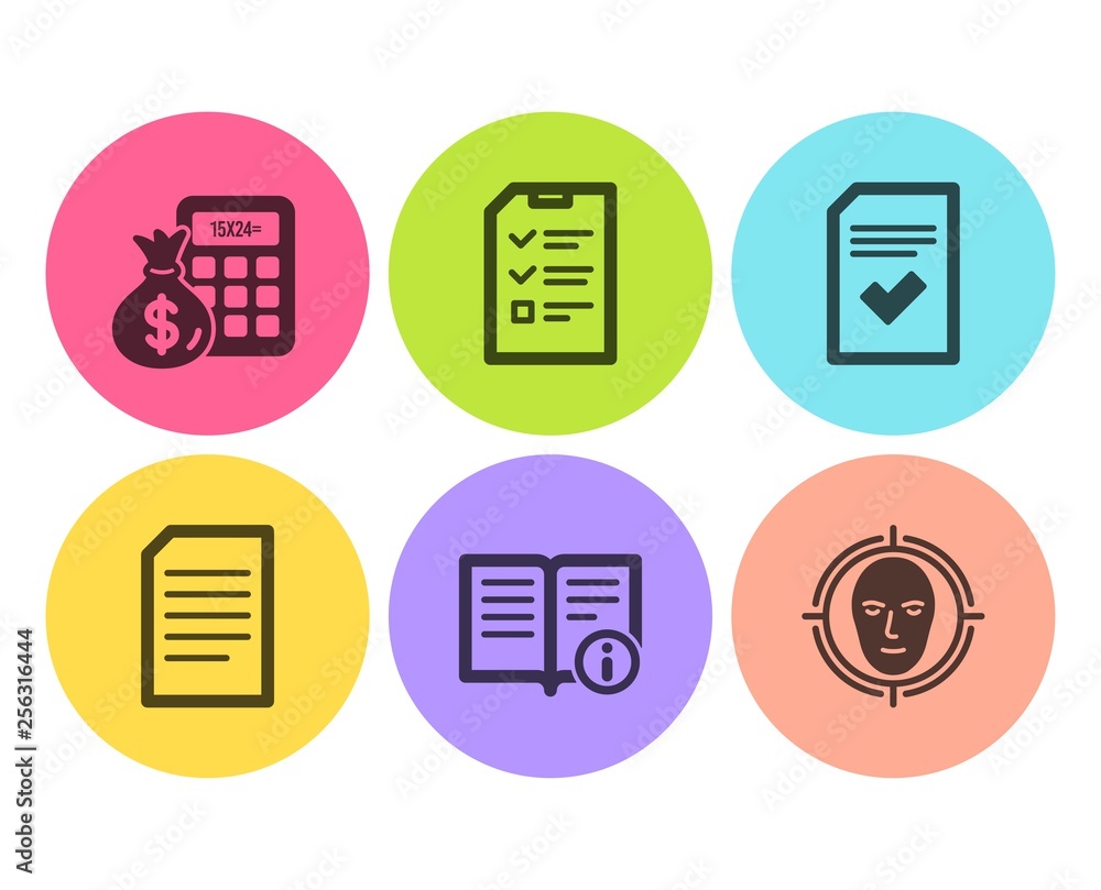 Poster checked file, interview and finance calculator icons simple set. technical info, document and face d
