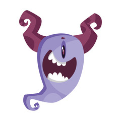 One-eyed purple cartoon monster with horns smiling white background vector illustration.