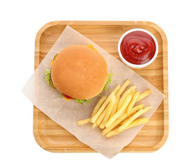 Tray with burger, French fries and sauce on white background, top view. Traditional American food
