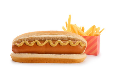 Hot dog and French fries on white background. Traditional American food
