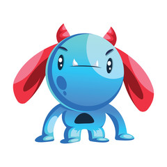Blue cartoon monster with red ears and horns white background vector illustration.