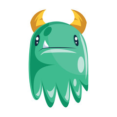 Green confused ghost with yellow horns cartoon character white background vector illustration.