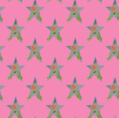 A green star on a pink background with the drawn heart with the sign of sex,seamless background.