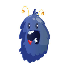 Happy blue furry cartoon monster on white background vector illustration.