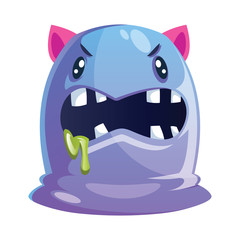 Angry purple and blue cartoon character with pink ears white background vector illustration.