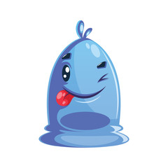 Winking blue cartoon character with tongue out.