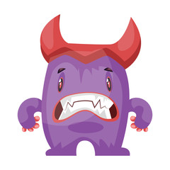 Scared purple monster with big red horns white background vector illustration.