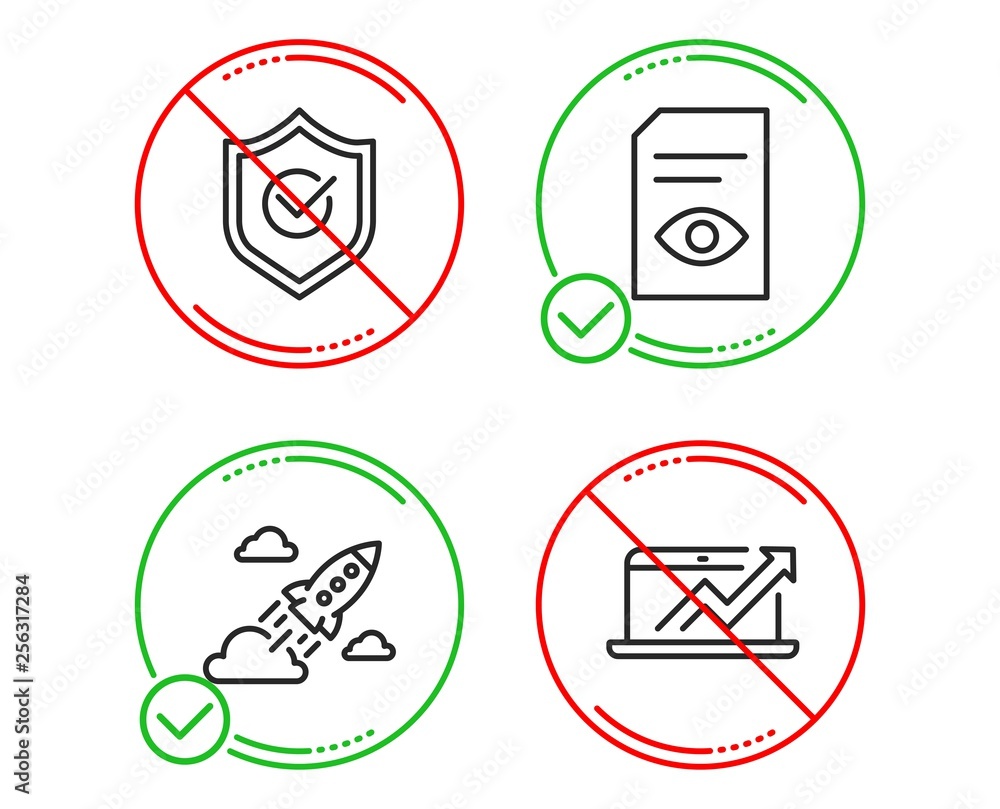 Aufkleber do or stop. approved shield, startup rocket and view document icons simple set. sales diagram sign. 