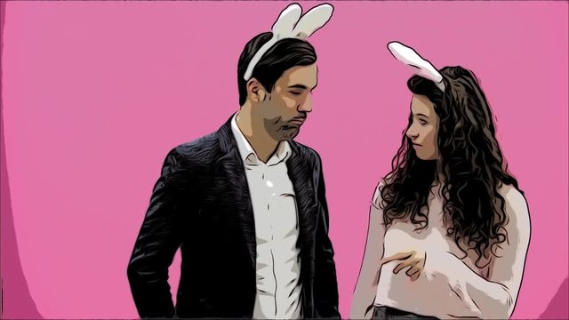 Young lovers couple on the pink background. With hackneyed ears on the head. During this, the photos of Sephi on the phone are very sincere smiles. Funny people. Animation.