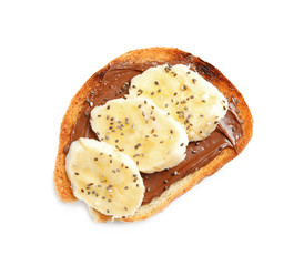 Tasty toast with banana, chocolate paste and chia seeds on white background, top view