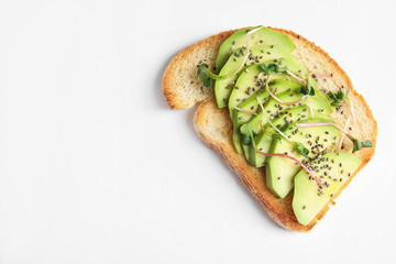 Tasty toast with avocado, sprouts and chia seeds on white background, top view