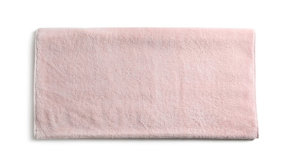 Fototapeta na wymiar Folded soft terry towel on white background, top view