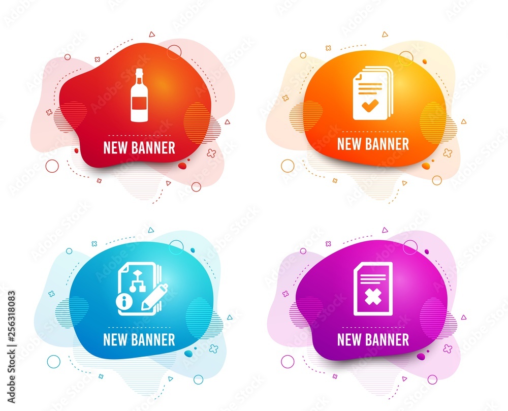 Poster liquid badges. set of handout, algorithm and brandy bottle icons. delete file sign. documents exampl