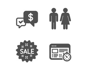 Set of Restroom, Payment received and Sale icons. Web timer sign. Wc toilet, Money, Shopping star. Online test.  Classic design restroom icon. Flat design. Vector