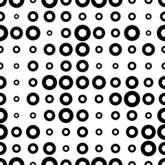 Black and white seamless pattern with halftone dots. Dotted texture. Abstract geometrical pattern of round shape. Screen print. Vector illustration. 