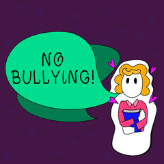 Text sign showing No Bullying. Business photo text stop aggressive behavior among children power imbalance Girl Holding Book with Small Hearts Around her and Two Color Speech Bubble