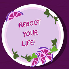 Writing note showing Reboot Your Life. Business concept for start new career meet new showing go strange places Cutouts of Sliced Lime Wedge and Herb Leaves on Color Plate