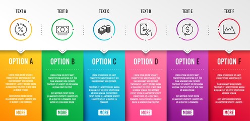 Receive money, Savings and Cash money icons simple set. Loan percent, Dollar exchange and Diagram signs. Cash payment, Finance currency. Finance set. Infographic template. 6 steps timeline. Vector