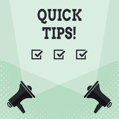 Conceptual hand writing showing Quick Tips. Concept meaning small but particularly useful piece of practical advice Spotlight Crisscrossing Upward from Megaphones on the Floor