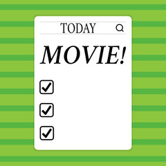 Conceptual hand writing showing Movie. Concept meaning Cinema or television film Motion picture Video displayed on screen Search Bar with Magnifying Glass Icon photo on White Screen