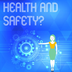 Conceptual hand writing showing Health And Safety Question. Concept meaning regulations and procedures to prevent accident or injury Woman Presenting the SEO Process with Cog Wheel Gear inside