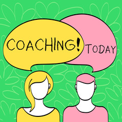 Conceptual hand writing showing Coaching. Concept meaning Prepare Enlightened Cultivate Sharpening Encourage Strenghten Faces of Male and Female Colorful Speech Bubble Overlaying