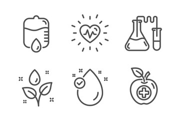 Vitamin e, Chemistry lab and Plants watering icons simple set. Heartbeat, Drop counter and Medical food signs. Oil drop, Medical laboratory. Healthcare set. Line vitamin e icon. Editable stroke
