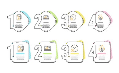 Loan percent, Report document and Graph laptop icons simple set. Hot loan sign. Discount, Growth chart, Mobile report. Discount offer. Finance set. Infographic timeline. Line loan percent icon