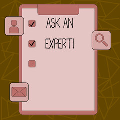 Text sign showing Ask An Expert. Business photo text confirmation that have read understand and agree with guidelines Clipboard with Tick Box and 3 Apps Icons for Assessment, Updates, Reminder