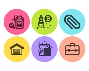 Bitcoin project, Seo shopping and Bill accounting icons simple set. Parking garage, Paper clip and Portfolio signs. Cryptocurrency startup, Analytics. Business set. Flat bitcoin project icon. Vector