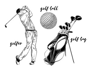 Isolated golf set on white background. Hand-drawn elements such as golfer, golf ball and golf bag. Vector illustration
